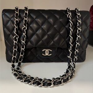 CHANEL Black Quilted Lambskin Single Flap Shoulder Bag with Silver Chain